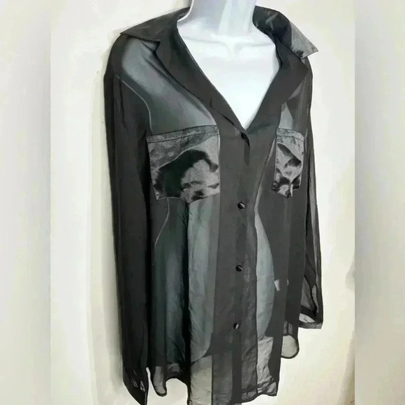 Local European Oversized Long Sleeve Sheer Button Down Blouse In Black Size S - Picture 5 of 7